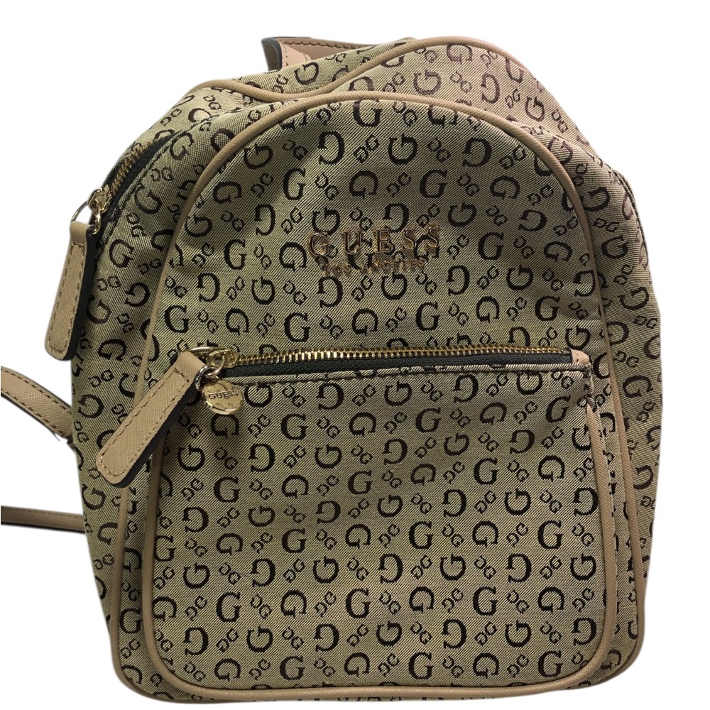 Guess Womens Beige Brown Signature Print Adjustable Strap Zip-Around Backpack